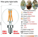 6 Pack E12 G16.5 LED Globe Bulbs 6W 60W Equivalent Dimmable 2700K Warm White 600 Lumens