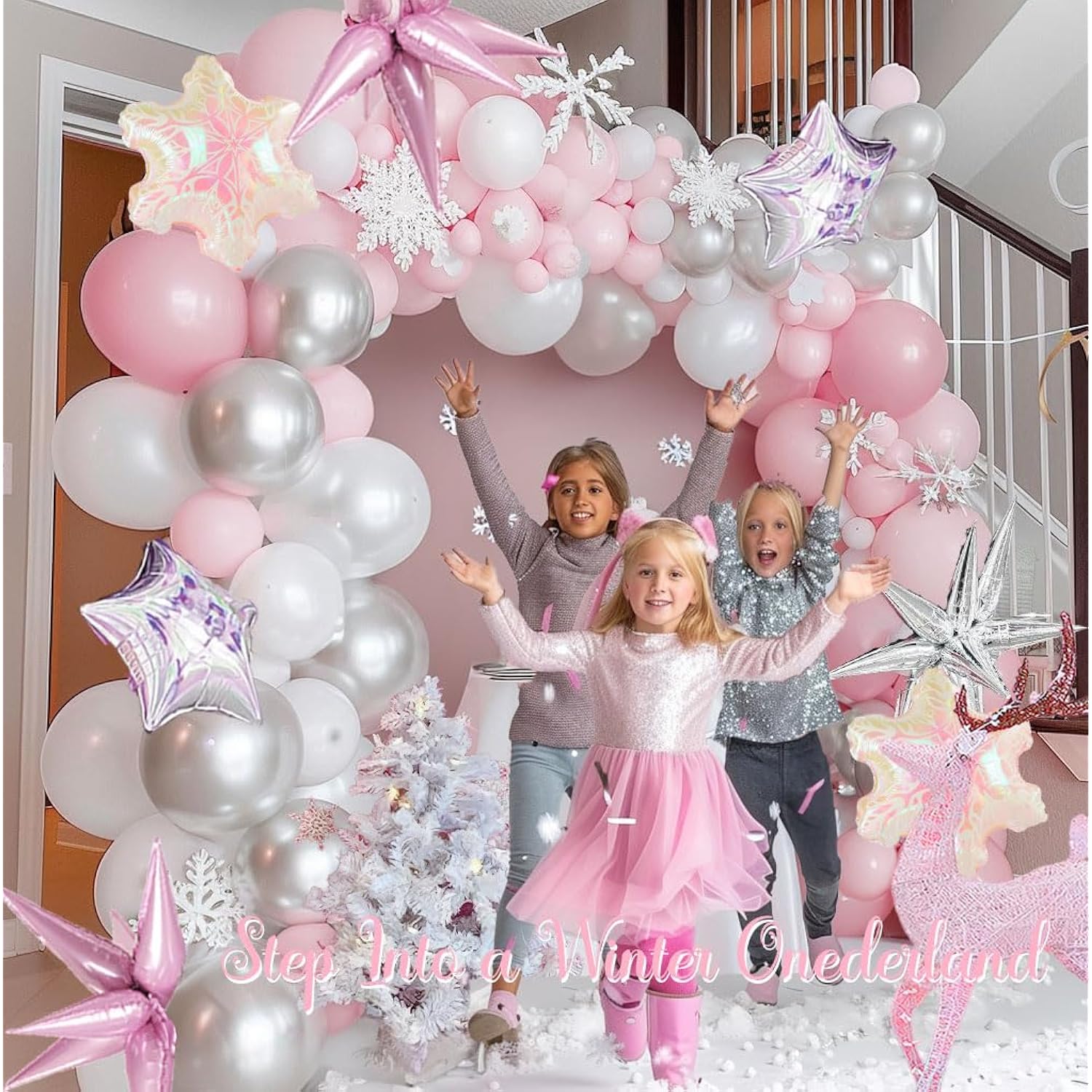 Pink And Silver Winter Balloon Garland Arch Kit 130Pcs With Snowflake Star Mylar Balloons For Girl 1St Birthday Party Pink Christmas Winter Wonderland Baby Shower Decorations