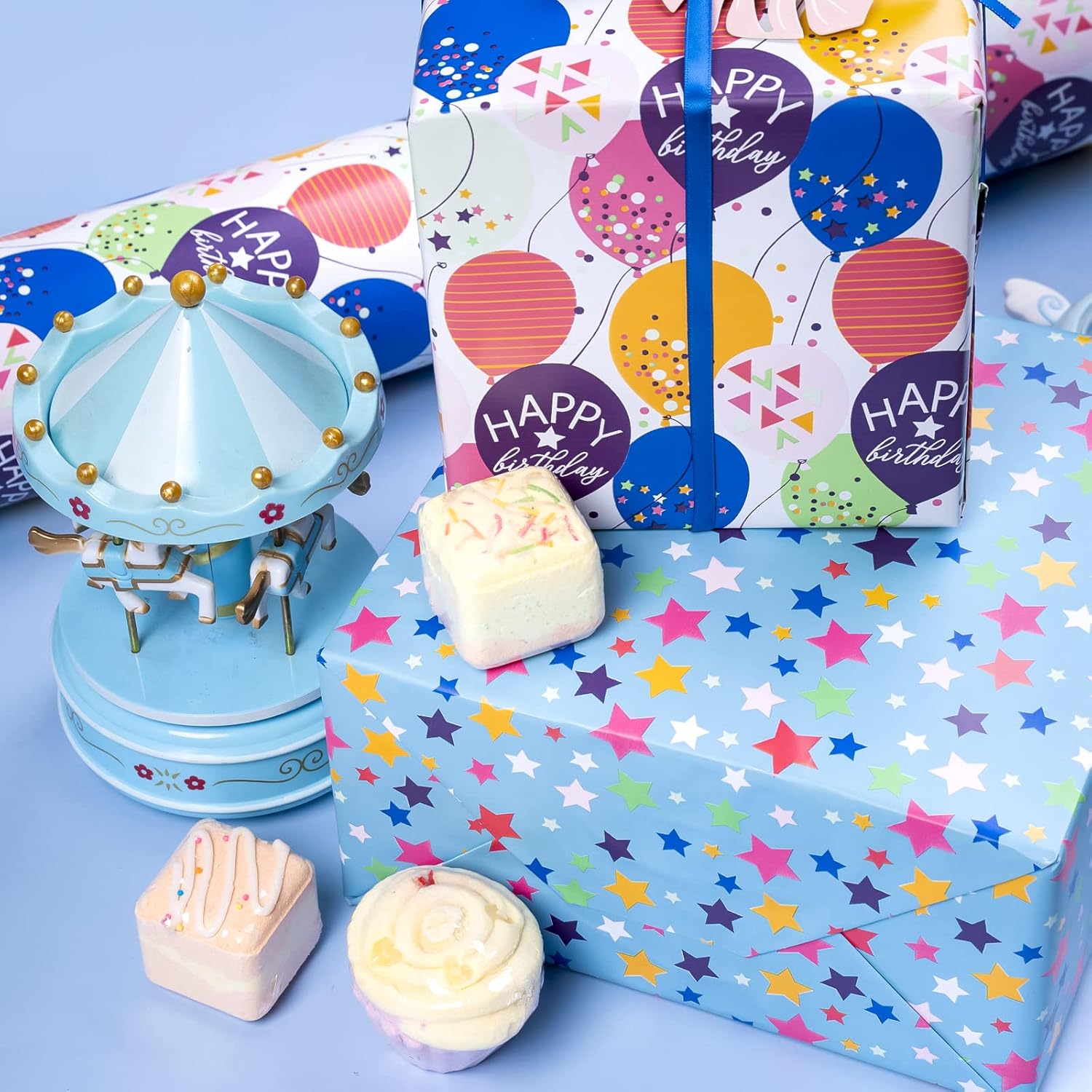 Reversible Birthday Wrapping Paper Jumbo Roll - Colorful Balloon & Stars - 24 Inches X 100 Feet (200 Sq.Ft.)