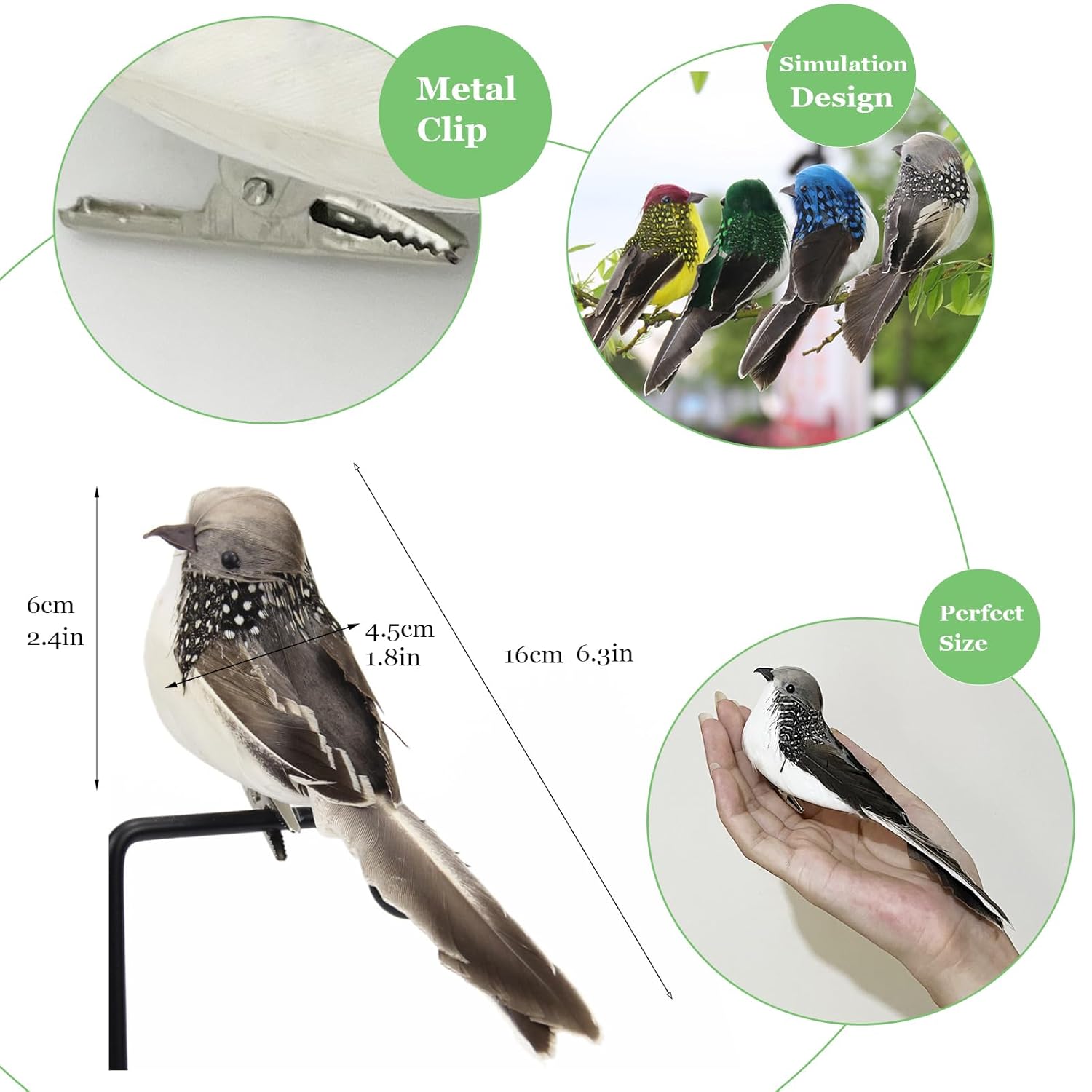 2Pcs Gray Artificial Feathered Birds 6Inch Clip On Sparrow Bird Ornaments For Christmas Tree Decoration Wreath Craft Garden Home Decor Party Accessories