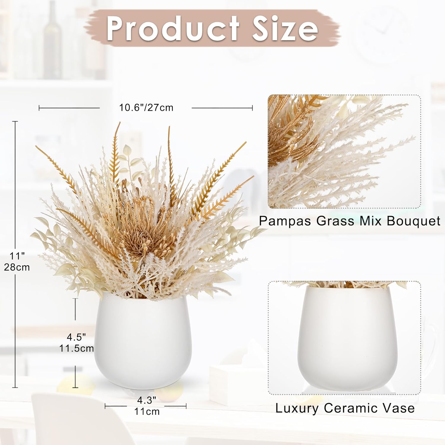 Faux Pampas Grass With Vase, Artificial Pampas Grass Flowers Bouquet Plant Fluffy Boho Home Decor Fake Pompass Pompous Grass Floral Arrangement For Wedding Party Table Room Decorations White