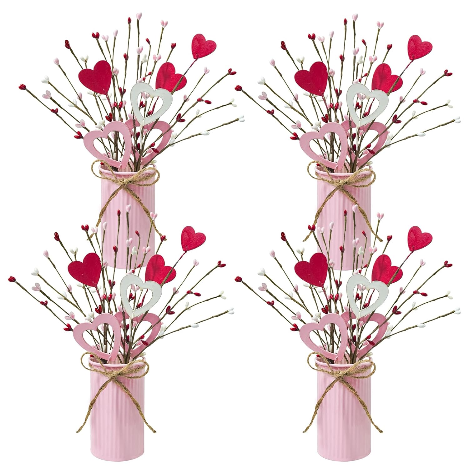 4 Sets Valentine'S Day Table Centerpiece Red Pink White Wood Heart Berry Stems Picks With Metal Pot Artificial Valentine Flowers Floral Arrangement For Wedding Party Fireplace Decor