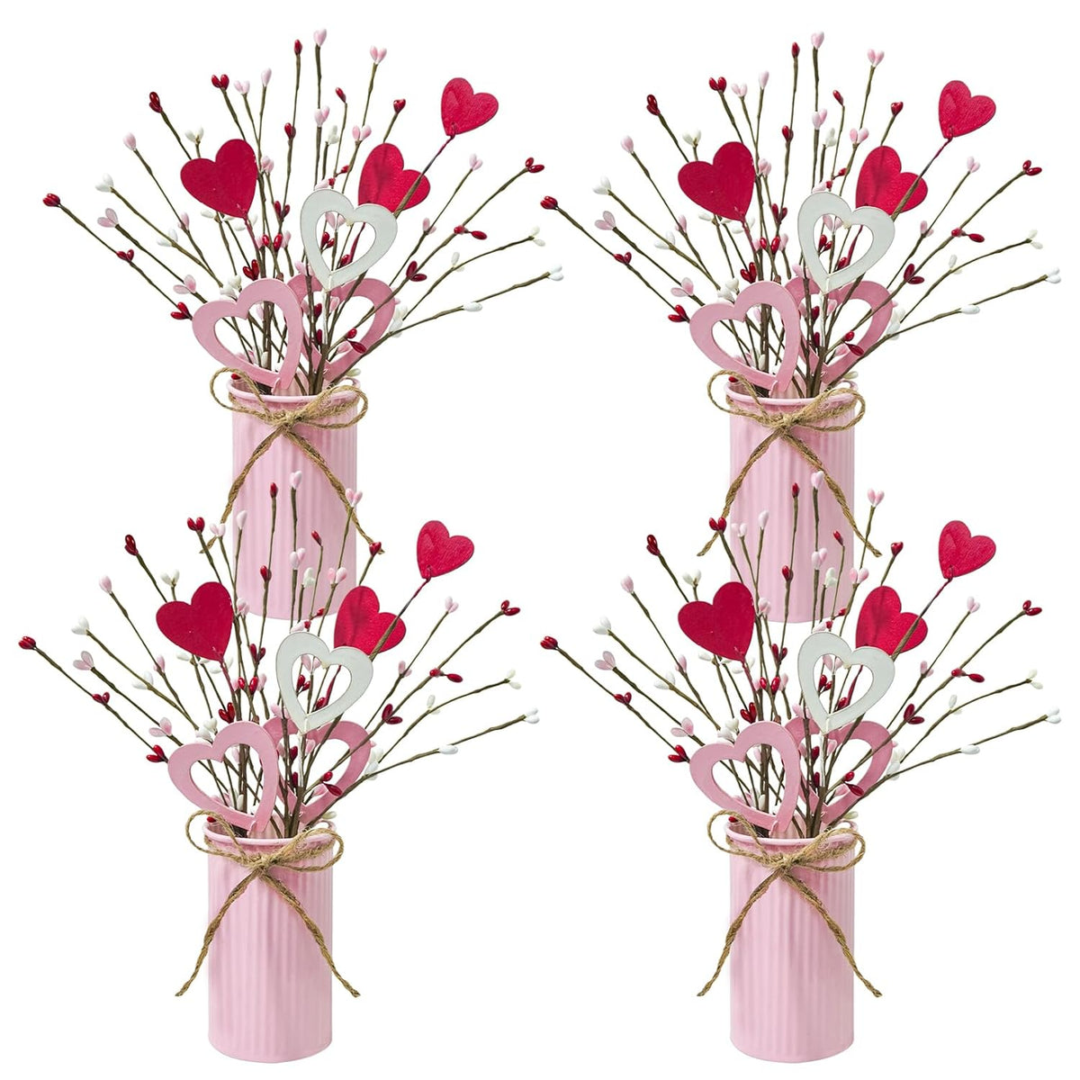4 Sets Valentine'S Day Table Centerpiece Red Pink White Wood Heart Berry Stems Picks With Metal Pot Artificial Valentine Flowers Floral Arrangement For Wedding Party Fireplace Decor