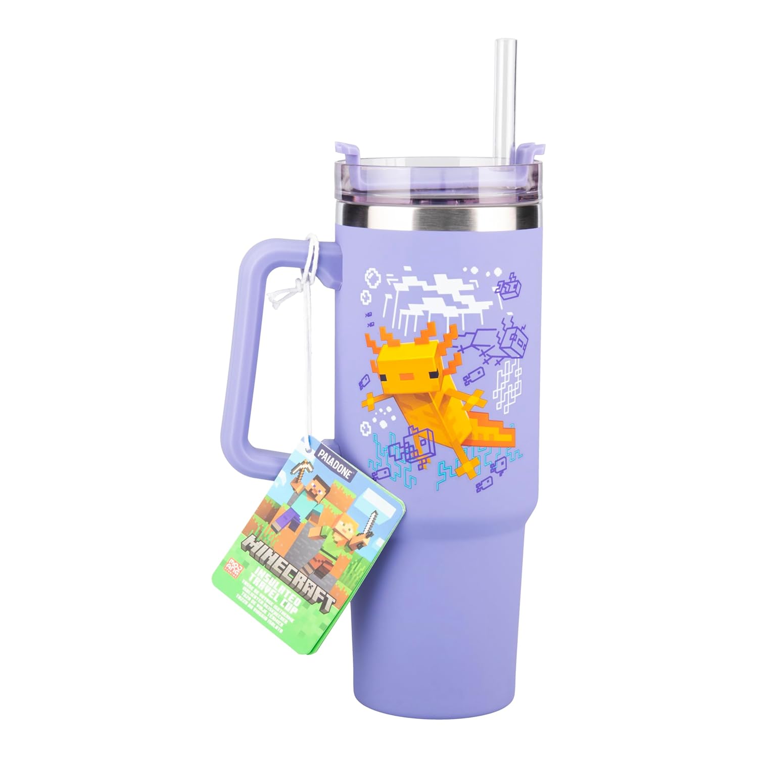 Paladone Minecraft Axolotl 900 ml Purple Insulated Cup and Straw, Officially Licensed Quencher Travel Cup with Handle for Iced Tea or Coffee, Gaming Merchandise