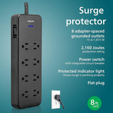 Surge Protector Power Strip 8 Outlets 8FT Braided Extension Cord 2160J Flat Plug Black
