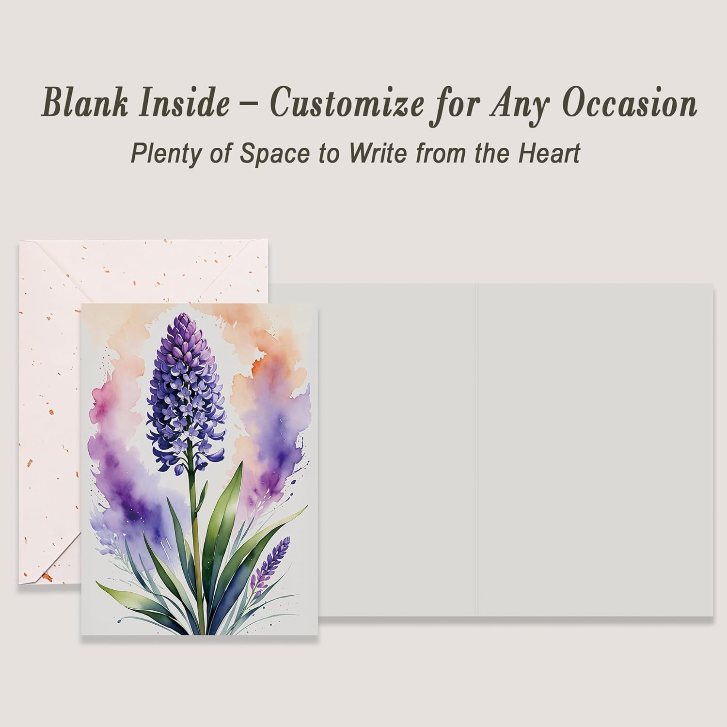 Elegant Blank Inside Greeting Card With Envelope, 5X7 Inch Watercolor Hyacinth Card – All Occasion, Birthday, Sympathy, Thank You - Single Card