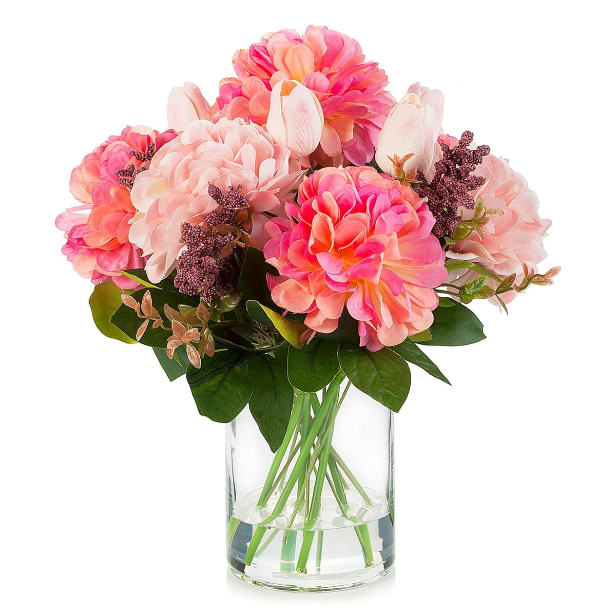Tulip Real Touch Artificial Flower Arrangement With Vase, Mixed Dahlia Silk Flower In Vase For Dining Table Decorations, Wedding Centerpiece (Pink)