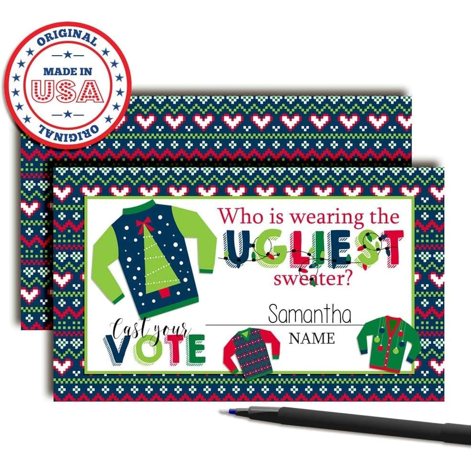 Ugly Sweater Christmas Games 20 Holiday Voting Cards 2" X 3" Double-Sided Party Game Cards For Themed Christmas Party, Fun Activity, Cute Festive Design, Made In Usa By