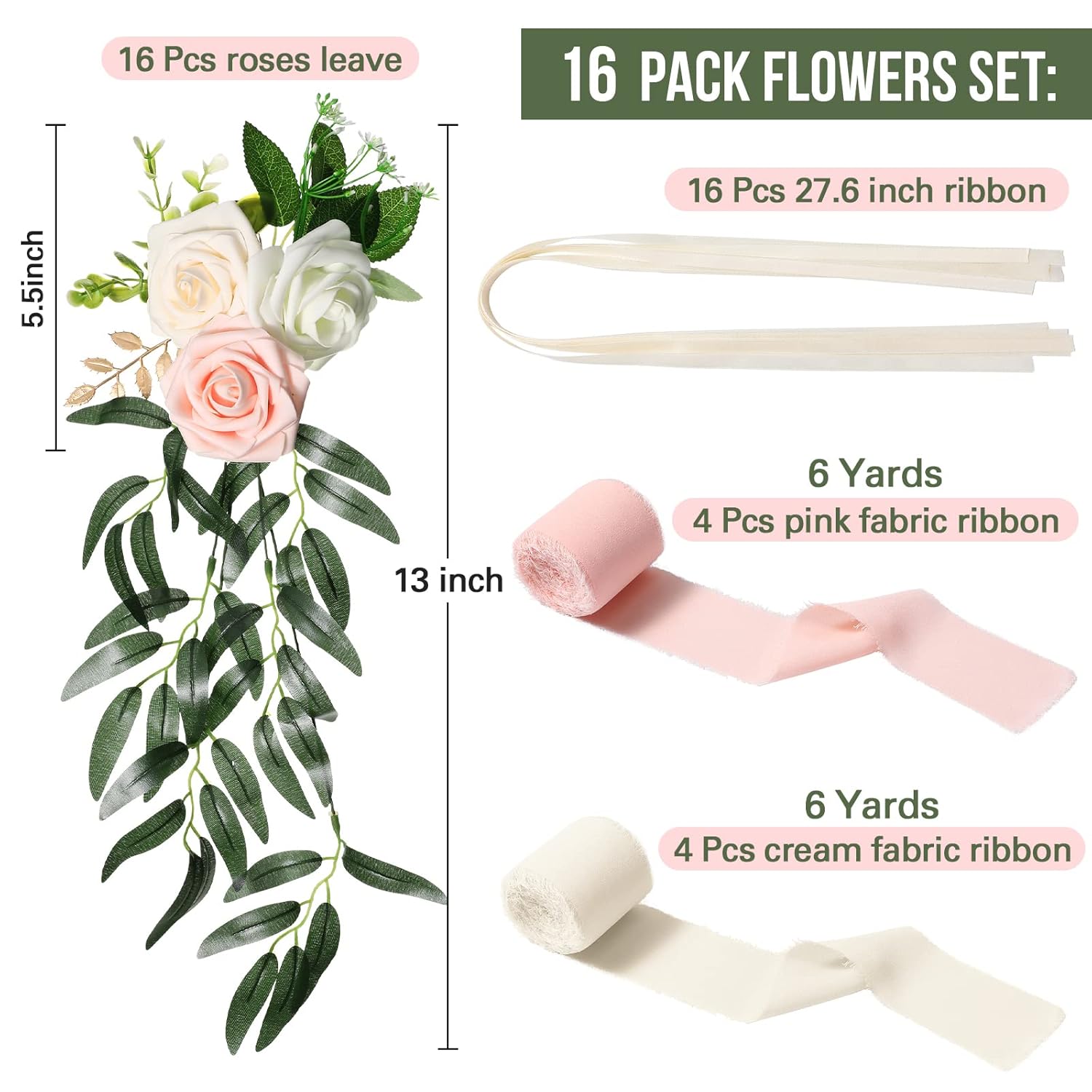 16 Pcs Wedding Aisle Decorations For Wedding Ceremony Pew Artificial Flowers Rose For Church Chair Back Floral With Eucalyptus Leaves And Ribbons Ceremony Party Decor(Pink, Beige)