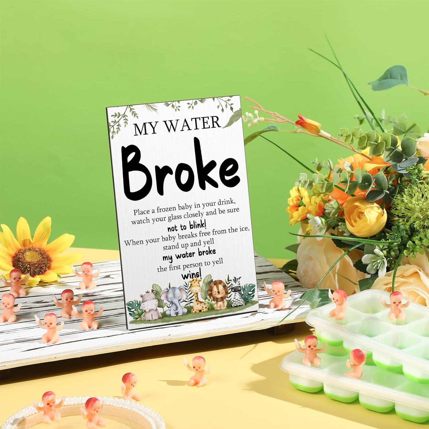 54 Pcs My Water Broke Baby Shower Game With 50 Tiny Plastic Small Mini Ice Baby 3 Ice Cube Trays 1 Display Board Gender Reveal Wooden Sign Gift For Guest Party Decoration(Woodland Animal)