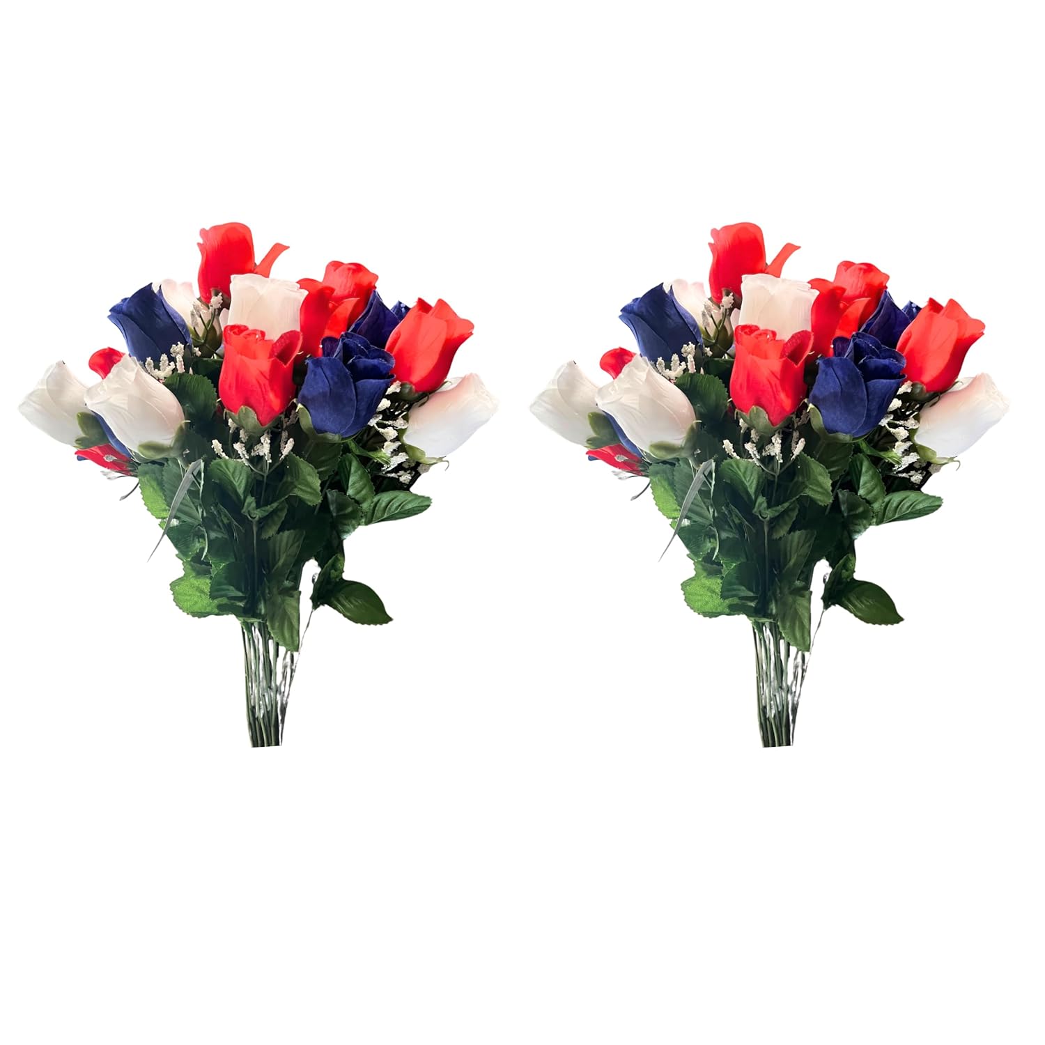 2Pcs 14 Stems Artificial Flower Rosebuds Patriotic Memorial Bouquet Cemetery Decorations For Grave, Spring Faux Flower Arrangement, Veterans, Independence Day, Red White Blue