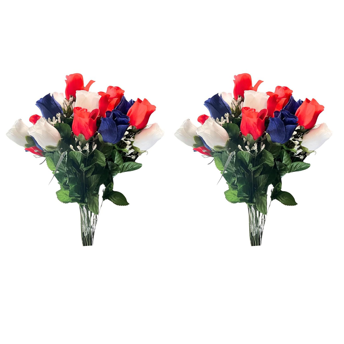 2Pcs 14 Stems Artificial Flower Rosebuds Patriotic Memorial Bouquet Cemetery Decorations For Grave, Spring Faux Flower Arrangement, Veterans, Independence Day, Red White Blue