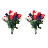 2Pcs 14 Stems Artificial Flower Rosebuds Patriotic Memorial Bouquet Cemetery Decorations For Grave, Spring Faux Flower Arrangement, Veterans, Independence Day, Red White Blue