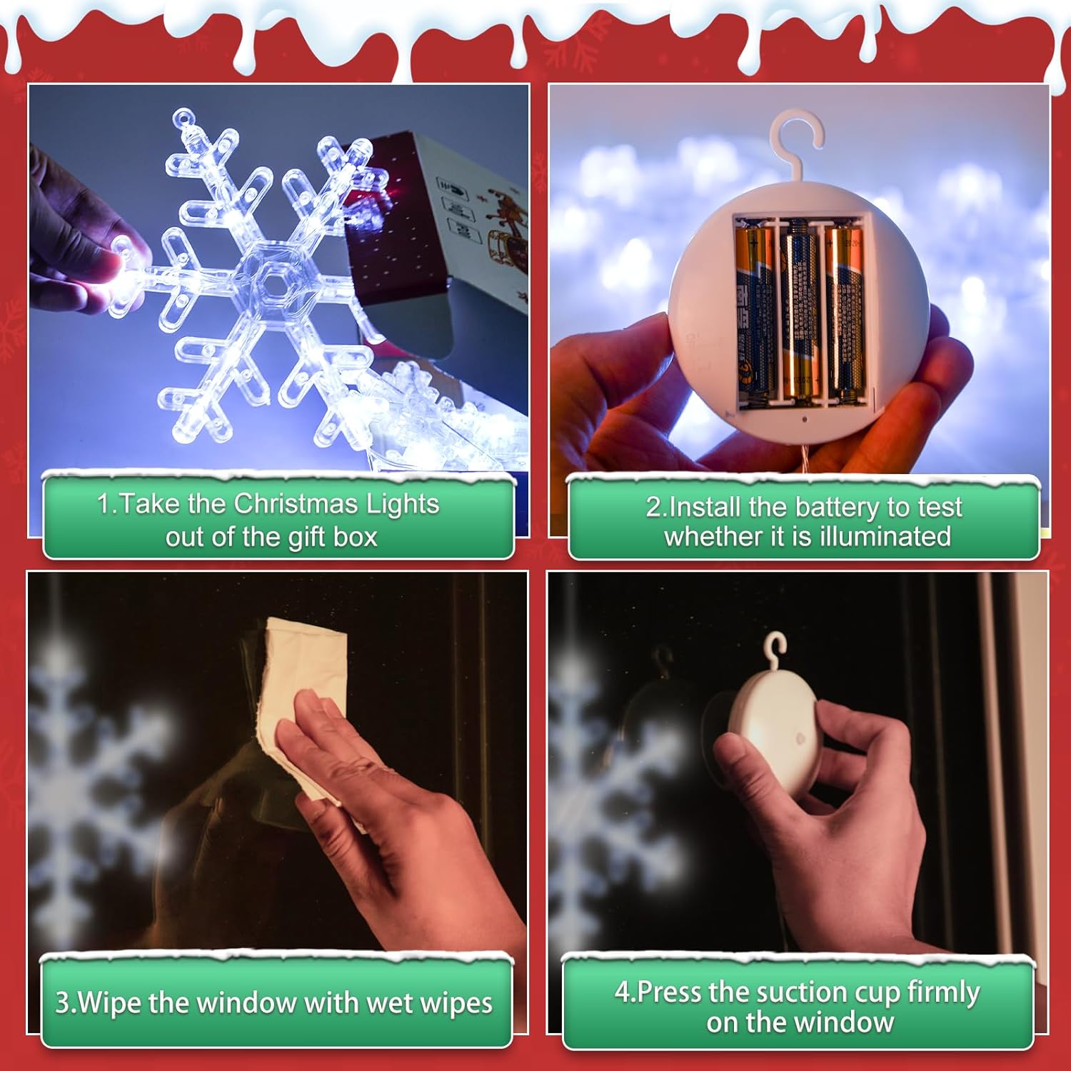 3Pcs Christmas Window Lights Decorations With Timer, Battery Powered Christmas Hanging White Lighted Snowflake Shaped Le