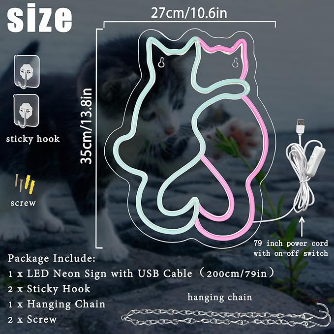 Two Cat Neon Signs LED Wall Light Cute Kawaii Animal 3D Decor for Bedroom Kids Room Living Room Party Gift