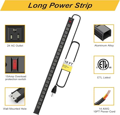 24 Outlet Long Power Strip Heavy Duty Metal 10FT Extension Cord Wall Mount