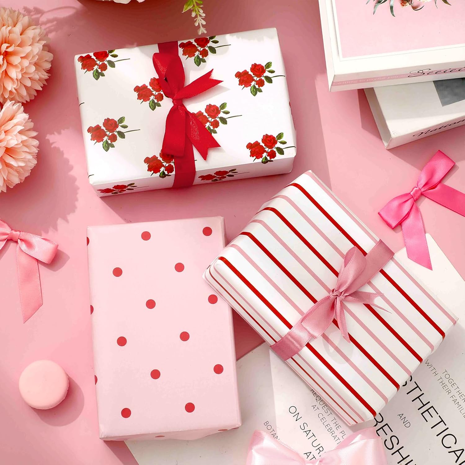 12 Sheet Bow Wrapping Paper -Not Roll- Red Pink Flower Dot Stripe Valentine'S Day Gift Wrap Art Paper For Wedding Bridal Shower Anniversary, Folded Flat, 19.7 X 27.6 Inch