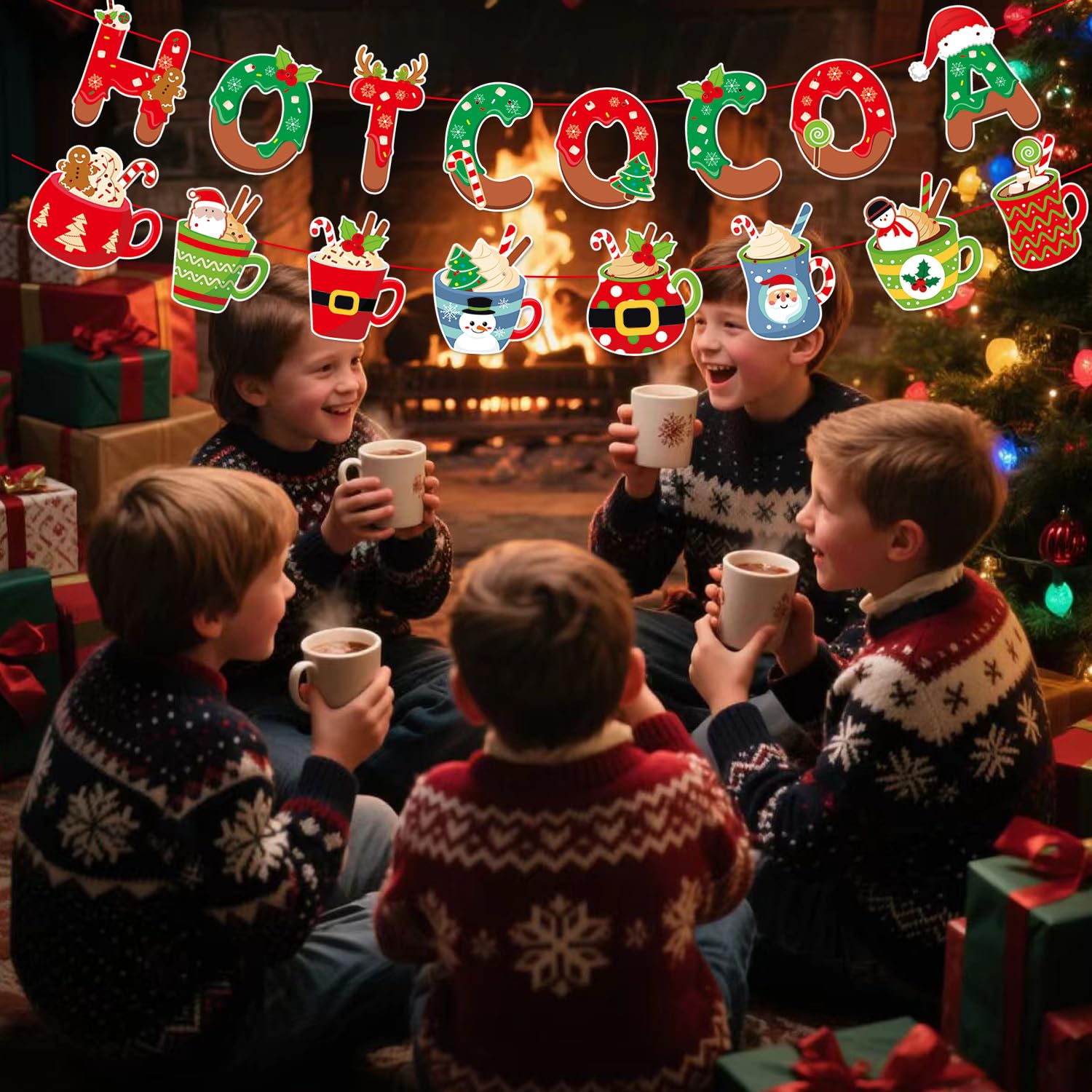 Pre-Assembled Christmas Hot Cocoa Banner,Hot Cocoa Cups Garland,Gingerbread Hot Chocolate Bar Supplies For Baby Shower Winter Holiday New Year Party Decor,Snowflake Holiday Party Winter Wedding Sign