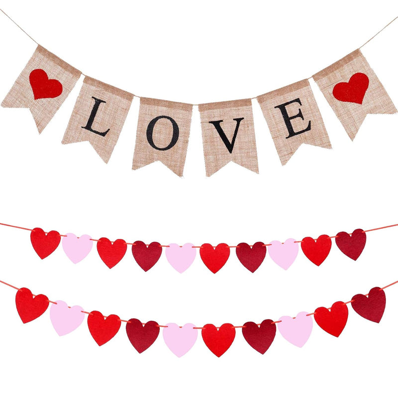 3 Pieces Valentines Day Banner Decoration Love Burlap Banner Felt Hear