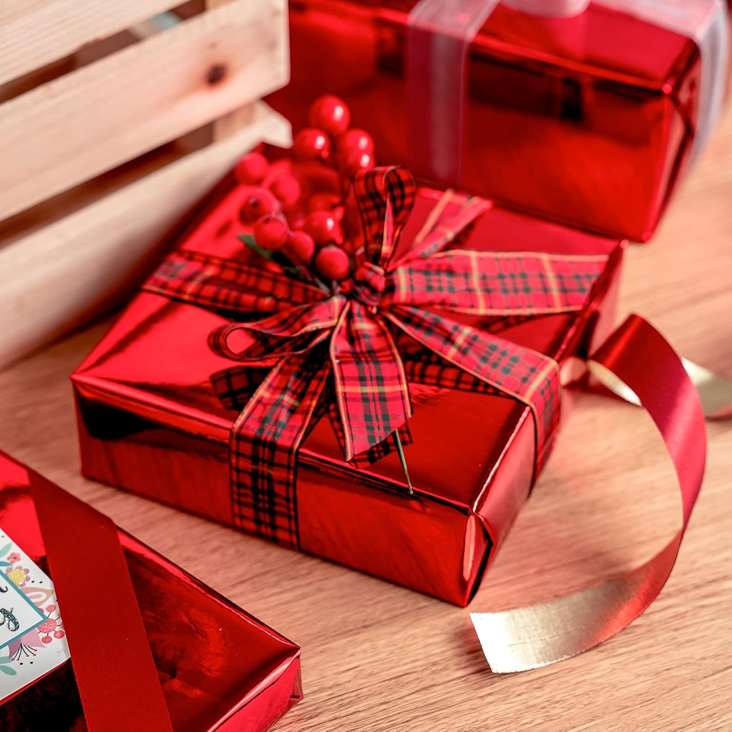 Red Metallic Wrapping Paper - Christmas Wrapping Paper Perfect For Wedding, Birthday, Christmas, Baby Shower - 17 Inches X 32.8 Feet