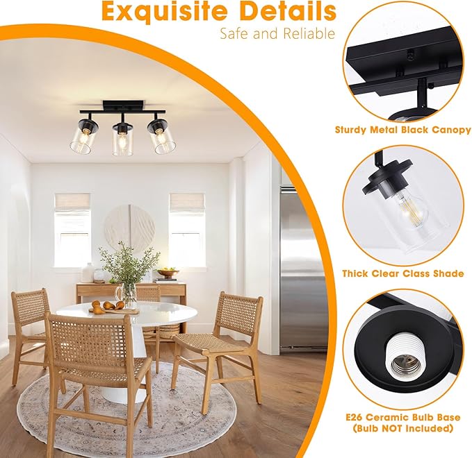 3 Light Adjustable Black Track Ceiling Light Semi Flush Mount with Glass Shades