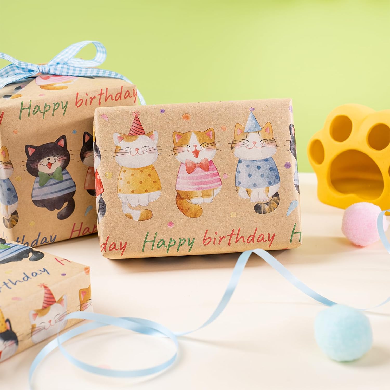 Birthday Wrapping Paper Roll For Boys Girls, Mini Roll, Adorable Cat Kitty Gift Wrap Paper, Colorful Happy Birthday Kraft Paper For Kids' Birthday, Cat Lovers Celebrations, 17 In X 16.4 Ft