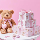 Bear Baby Shower Wrapping Paper - Mini Roll - 3 Rolls - 17 Inch X 120 Inch - Coquette Teddy Bear With Pink Ribbon Bow Wrapping Paper For Baby Shower, Girls Birthday