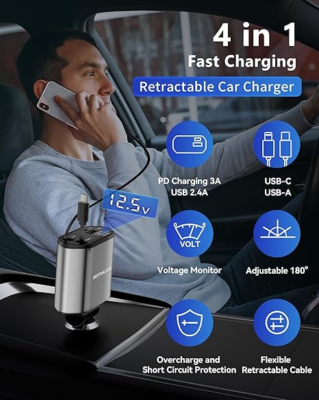 4 in 1 Retractable Car Charger USB C USB A Fast Charging Adapter for iPhone Galaxy Pixel