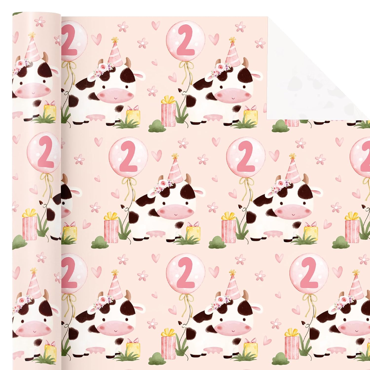 Girl 2Nd Birthday Wrapping Paper - Mini Roll - 17 Inch X 16.5 Feet - 2Nd Birthday Balloon And Cute Cow Wrapping Paper Perfect For Kids Girls, Baby Shower