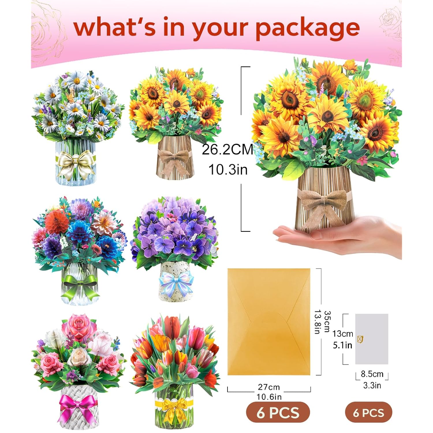Pop Up Card Floral Bouquets For Women, Dasiy Sunflower Voilet Tulip Dahlia Rose Greeting Set For Grandmother Mom Wife Sister Mother'S Day Birthday Gift, Includes Envelopes And Blank Note Card