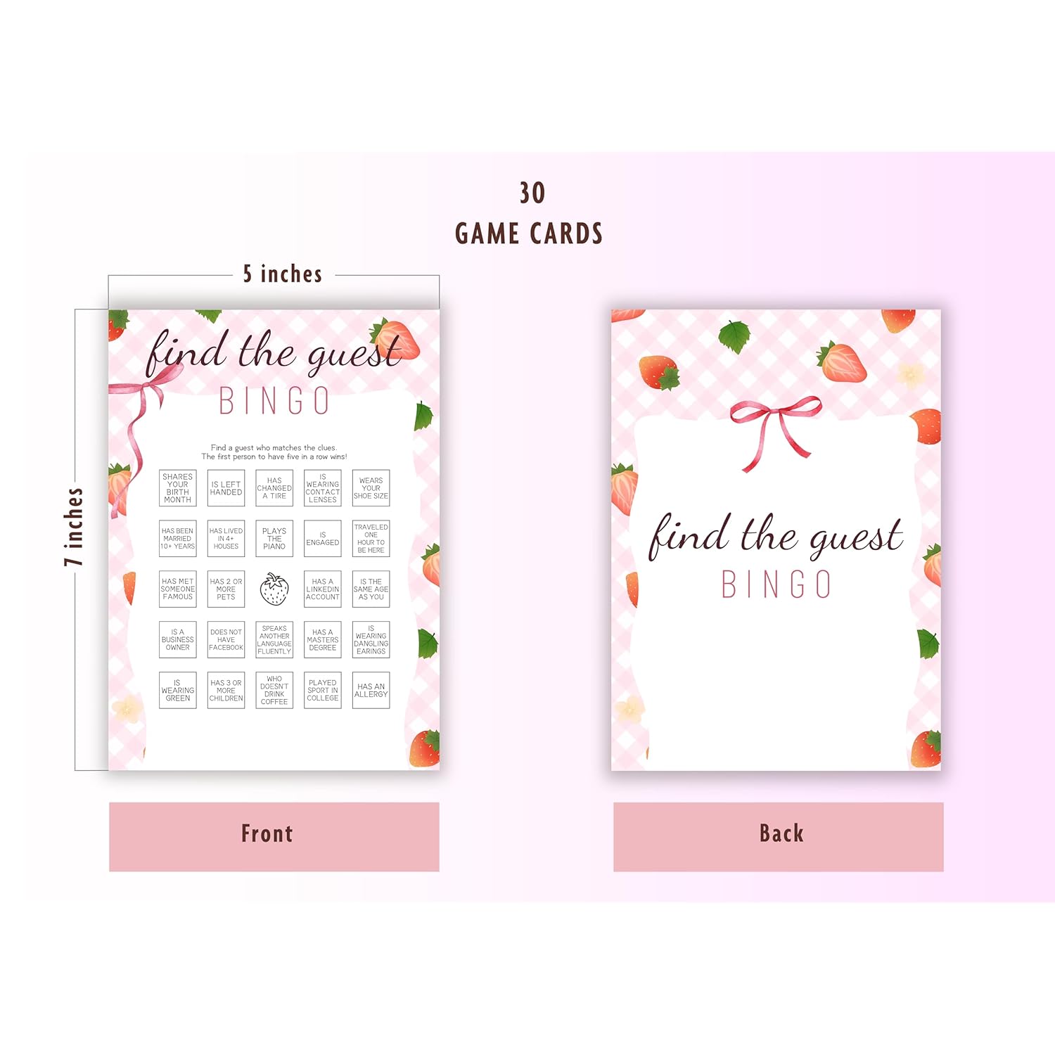 30Pcs Strawberry Baby Shower Games, Pink Gingham Berry Find The Guest Bingo Game, Gender Reveal Game, Berry Sweet Baby Shower Decorations