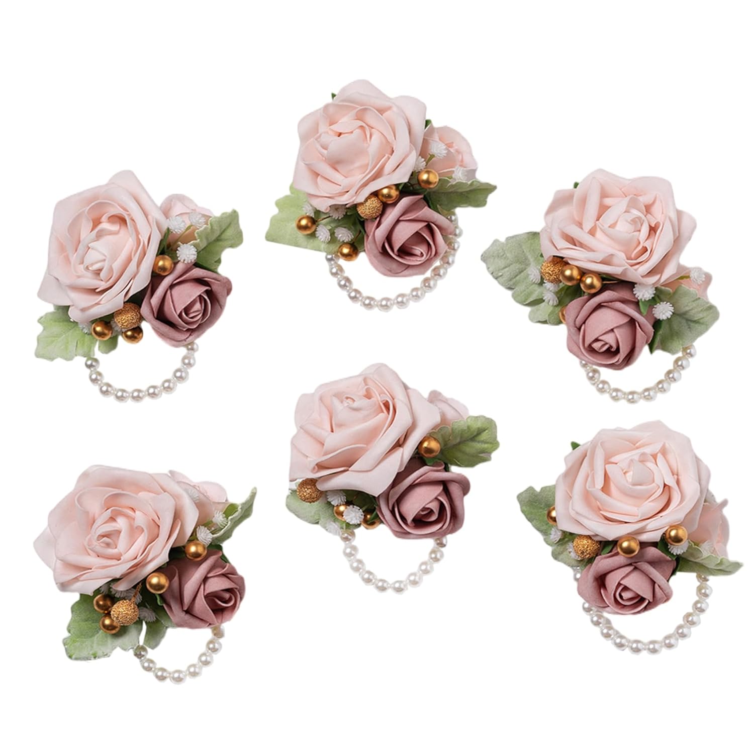 Dusty Pink Wrist Corsage,Set Of 6, Homecoming Wrist Flower Girl/Mother Corsages Wristlet Perfect For Bride Bridesmaids Wedding Guests Hand Flower, Proms, Party, Ceremony Anniversary