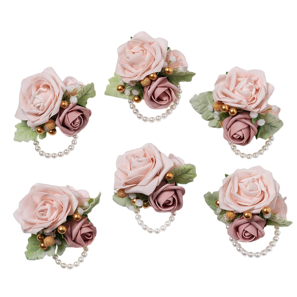 Dusty Pink Wrist Corsage,Set Of 6, Homecoming Wrist Flower Girl/Mother Corsages Wristlet Perfect For Bride Bridesmaids Wedding Guests Hand Flower, Proms, Party, Ceremony Anniversary