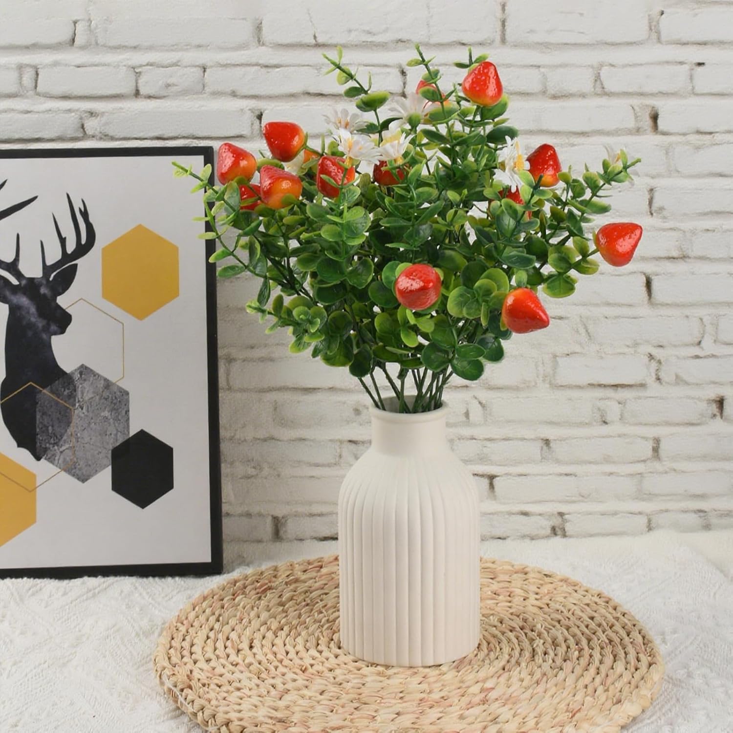 Artificial Strawberry Daisy Plants, 4 Pcs Fake Strawberries Berry For Wedding Party Table Centerpiece Home Kitchen Outdoor Decor