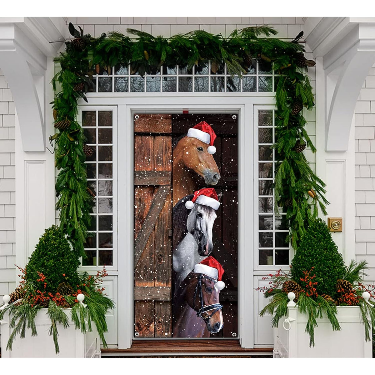 Funny Merry Christmas Door Banner - Horses Xmas Party Decoration Supplies - Door Cover, Farmhouse Decoration