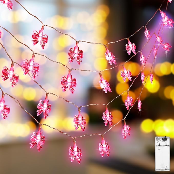 Pink Bow String Lights Battery Operated 9.84FT 20 LED Fairy Lights Chubby Bowknot Decorative Twinkle Lights Waterproof Indoor Outdoor Bedroom Wedding Birthday Party Decor