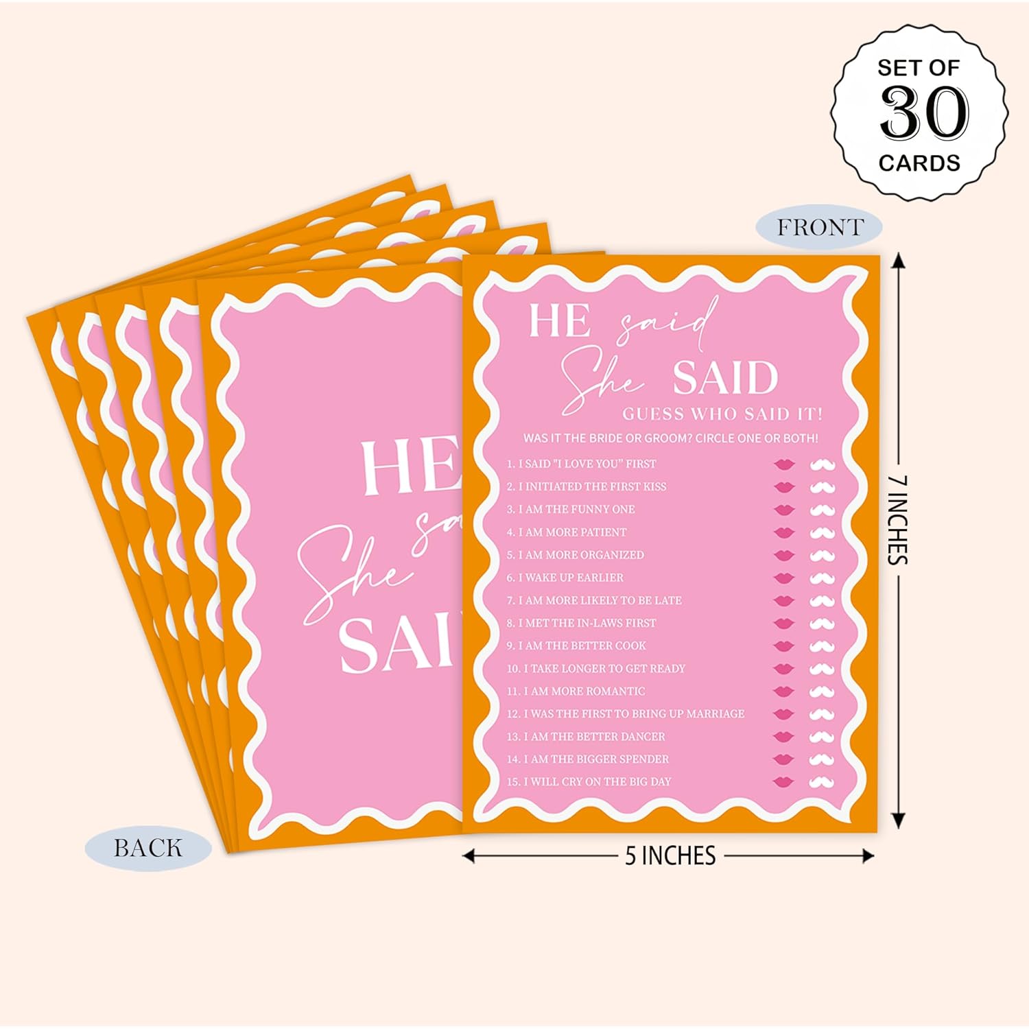 Pink Wavy Border He Said She Said Game For 30 Guests With Game Cards, Wavy Border Bridal Shower Game, Modern Bridal Shower Decorations, Wedding Shower Or Bachelorette Party Supplies - 03