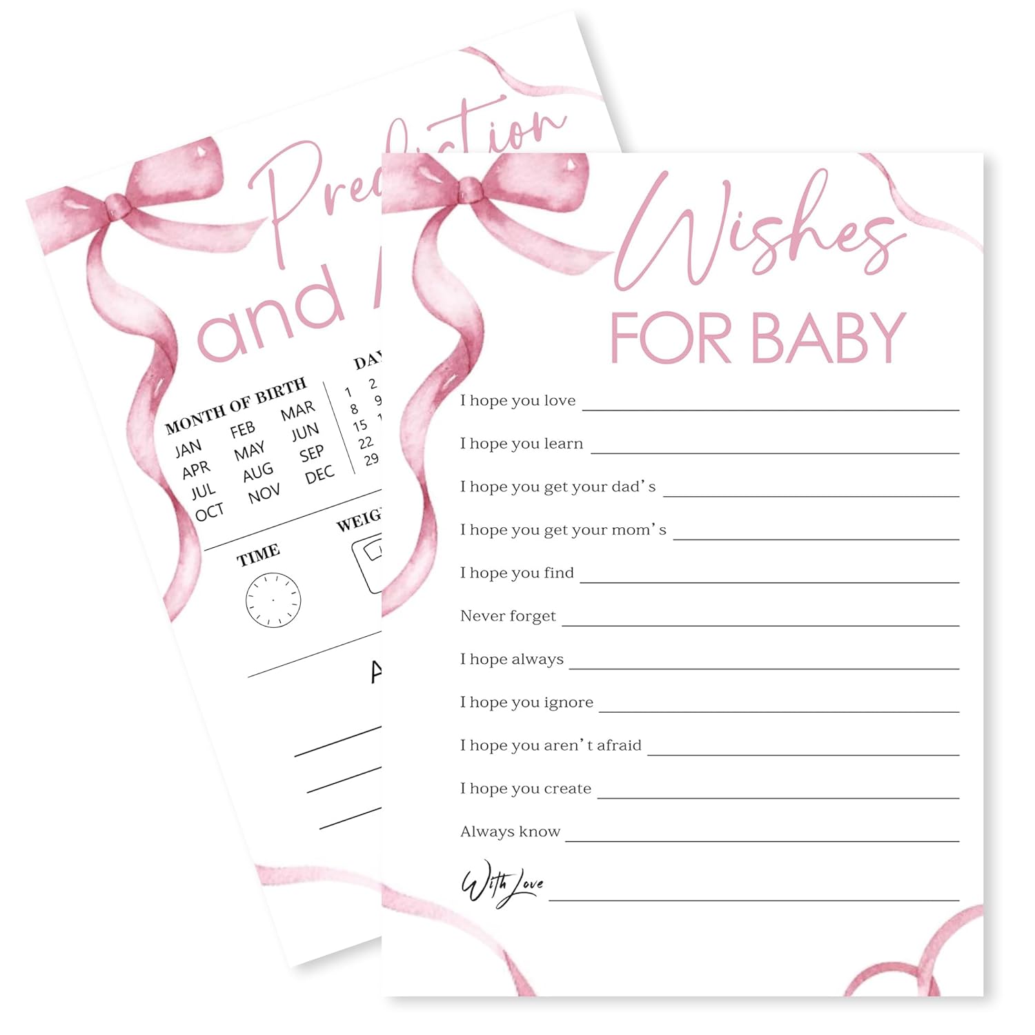 Minimalism Pink Baby Shower Game Cards-Wishes For Baby & Predictions & Advice Theme Games Activity For Boys & Girls-30 Ribbon Bow Game Cards(5”X7”)-Baby Shower Party Decorations & Supplies-D01