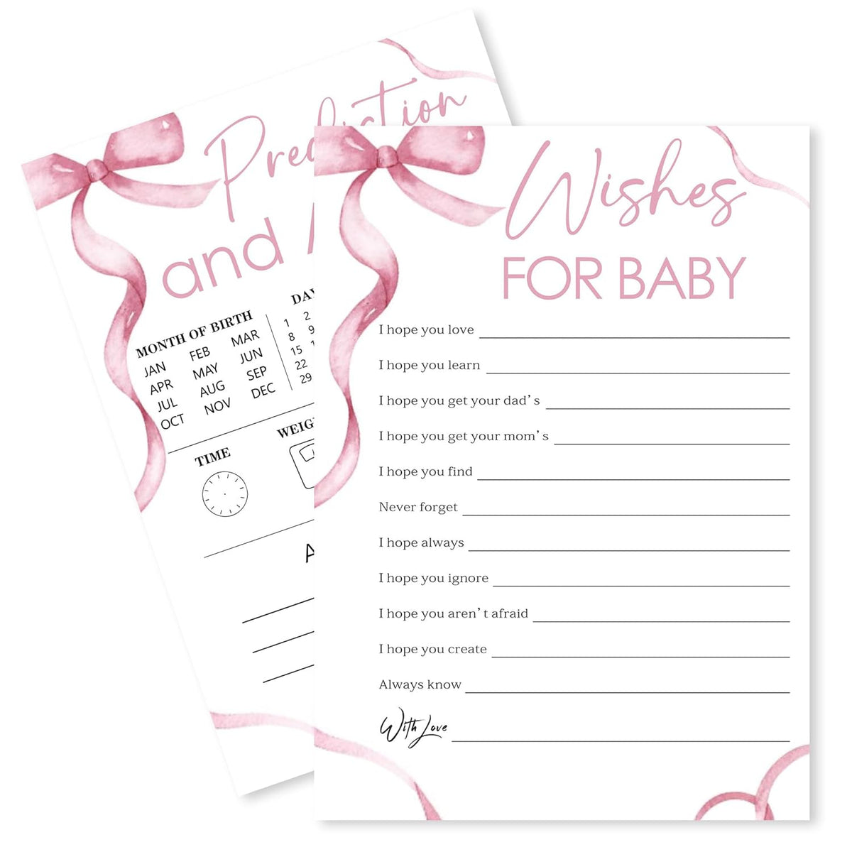 Minimalism Pink Baby Shower Game Cards-Wishes For Baby & Predictions & Advice Theme Games Activity For Boys & Girls-30 Ribbon Bow Game Cards(5”X7”)-Baby Shower Party Decorations & Supplies-D01
