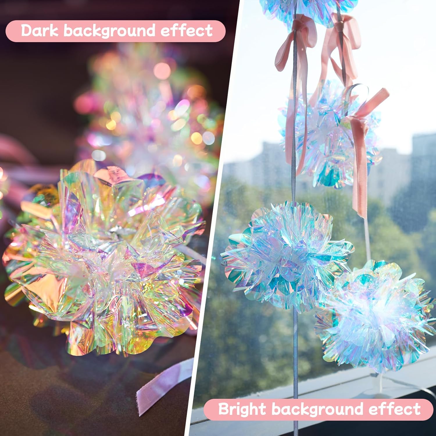 Iridescent Christmas Decorations, Xmas Banner 1 Piece, Iridescent Pompom Garland With Pink Bows, Shimmering Mantel Garland For Christmas Tree, Fireplace, Holiday Party Decorations