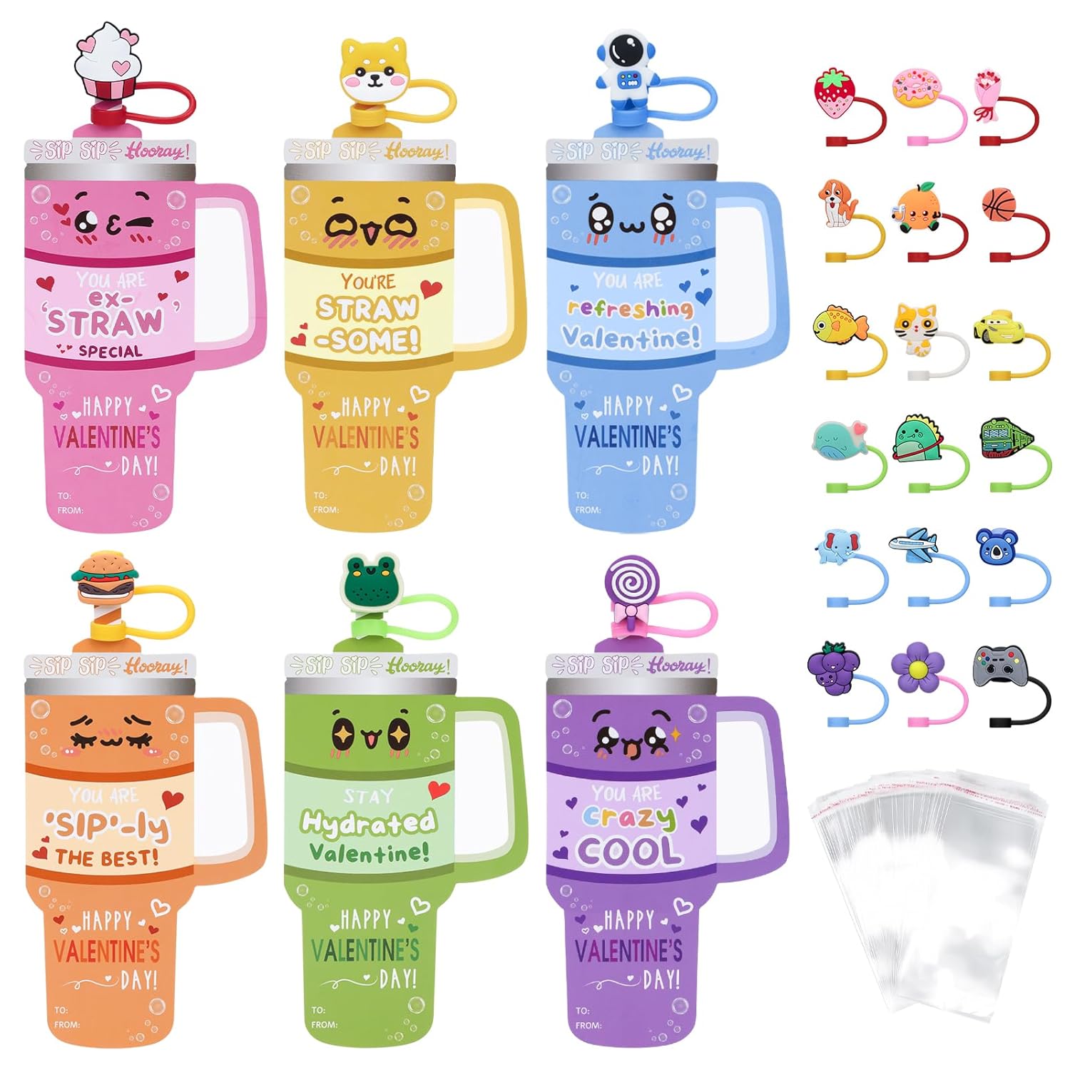 24 Pack Valentines Day Cards With Reusable Straw Covers Caps For Kids School Classroom, Cute Tumbler-Shaped Valentine Cards With Funny Word Play, Valentine Exchange Present Party Favors