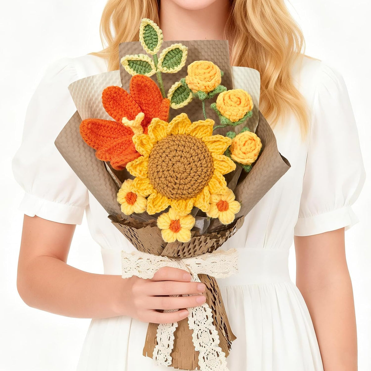 Crochet Flower Bouquet, Crochet Sunflower, Handmade Knitted Flowers, Artificial Tulips Rose Flowers For Lover Teacher Anniversary Birthday Party Graduation Gifts For Her, Girlfriend, Wife
