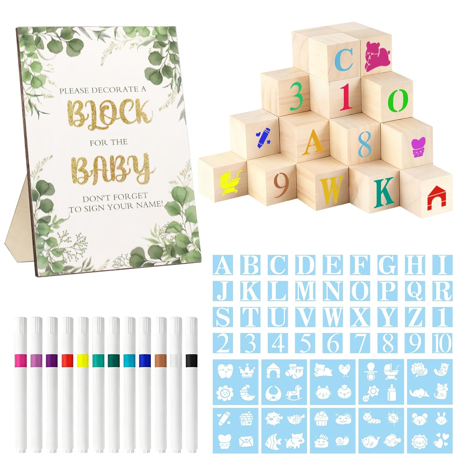189 Pcs Baby Shower Games Sign Kit With 100 Diy Wooden Blocks,1 Game Sign, 12 Colors Pens, 76 Templates For Baby Shower Game Gender Reveal Party
