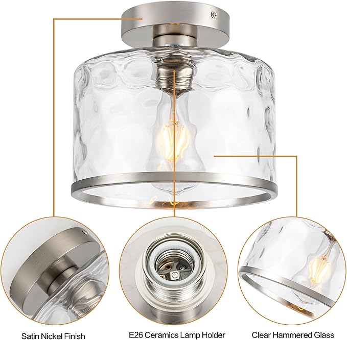 Satin Nickel Semi Flush Ceiling Light with Hammered Glass Farmhouse Fixture