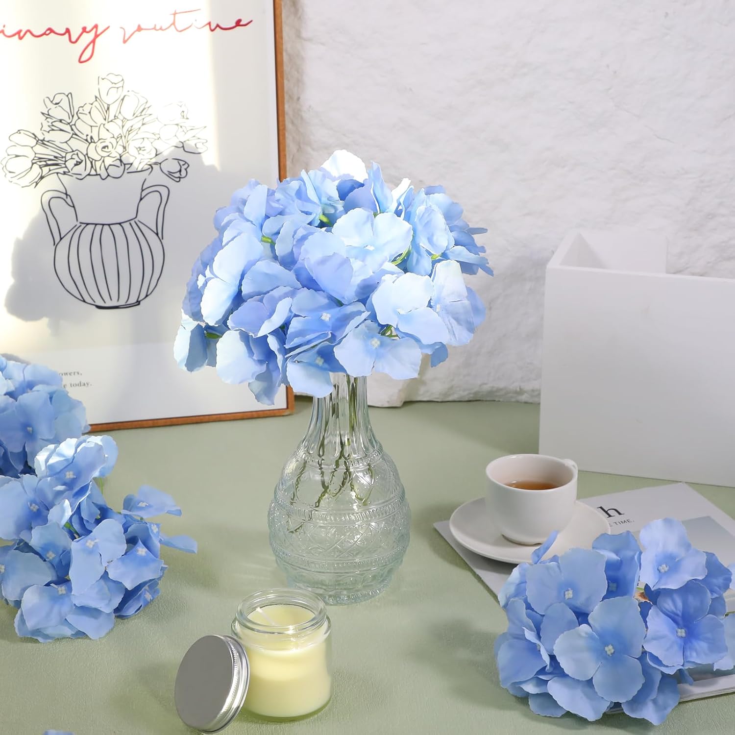 40 Pcs Blue Hydrangea Artificial Flowers Bulk, Silk Hydrangea Heads With Stems, Faux Hydrangeas Flowers Heads, Light Blue Artificial Flowerss Headss For Wedding Centerpieces, Party Decoration