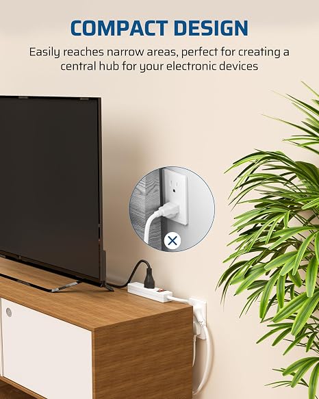 4 Outlet Power Strip 2FT Cord 15A 1875W Flat Angled Plug White
