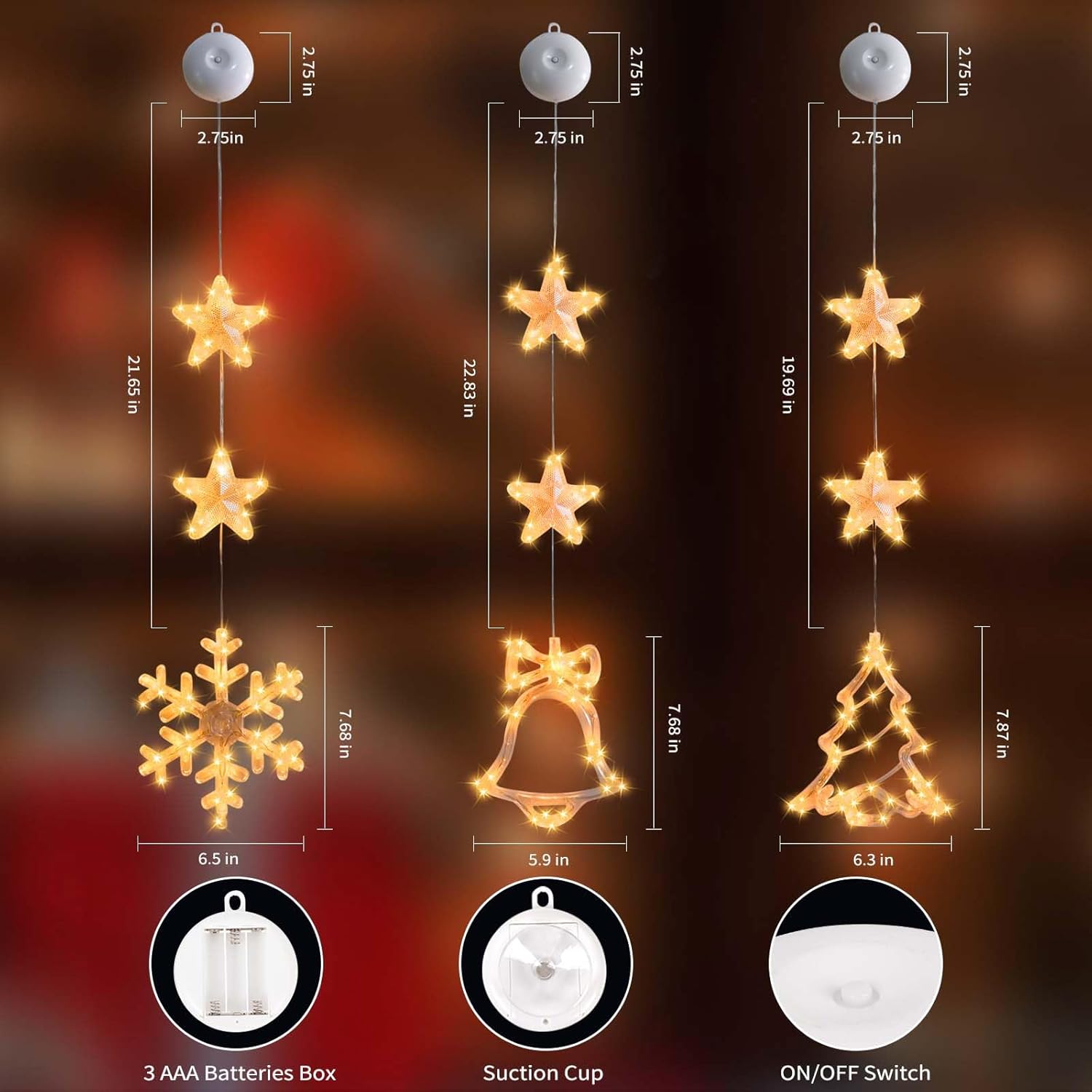 Christmas Decorations Lights, 3 Pack Christmas Led Window Lights With Suction Cup, Battery Operated Hanging Window Strin