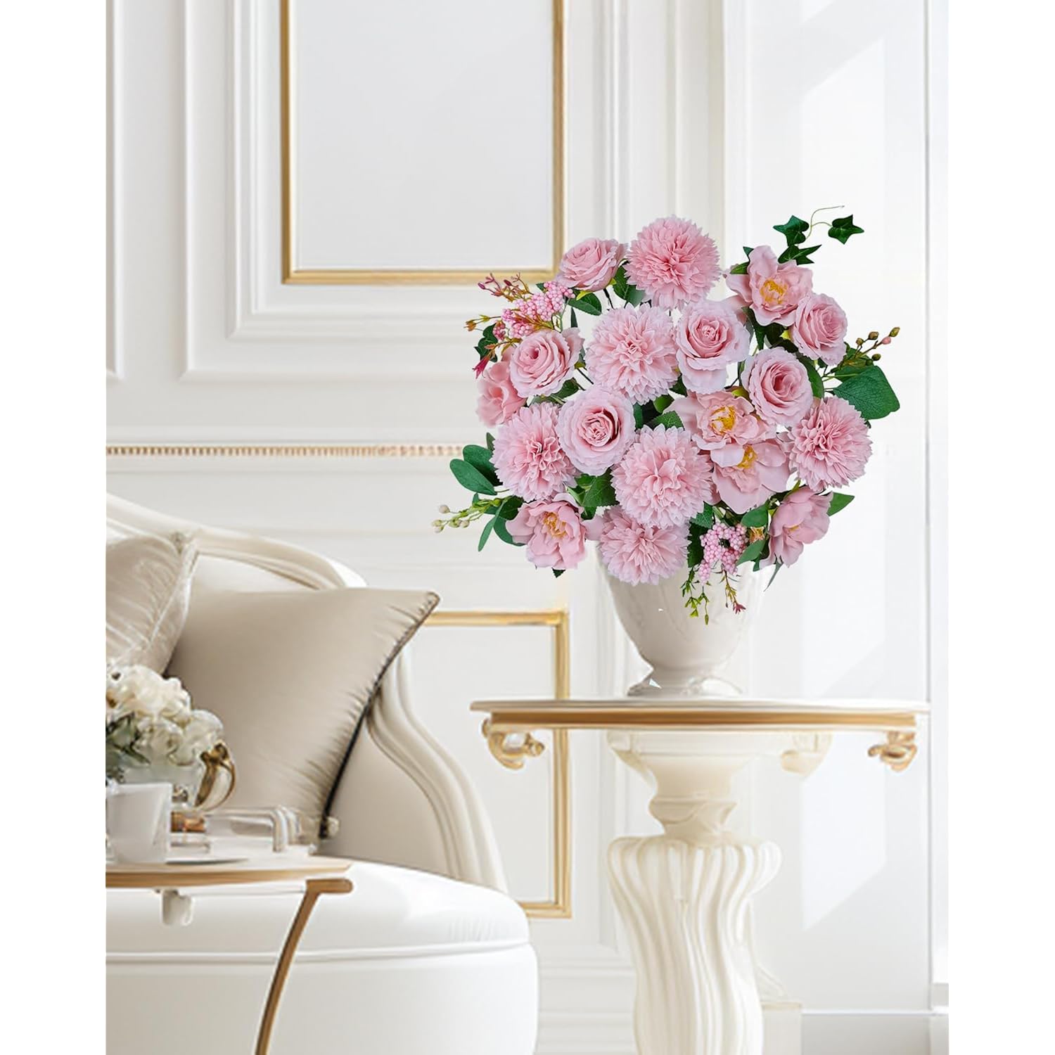Premium Pink Silk Flower Bouquets, Artificial Chrysanthemums, Fake Flowers Roses Peonies Decoration, Pink Faux Floral Arrangements For Wedding Home Decor Table Centerpieces