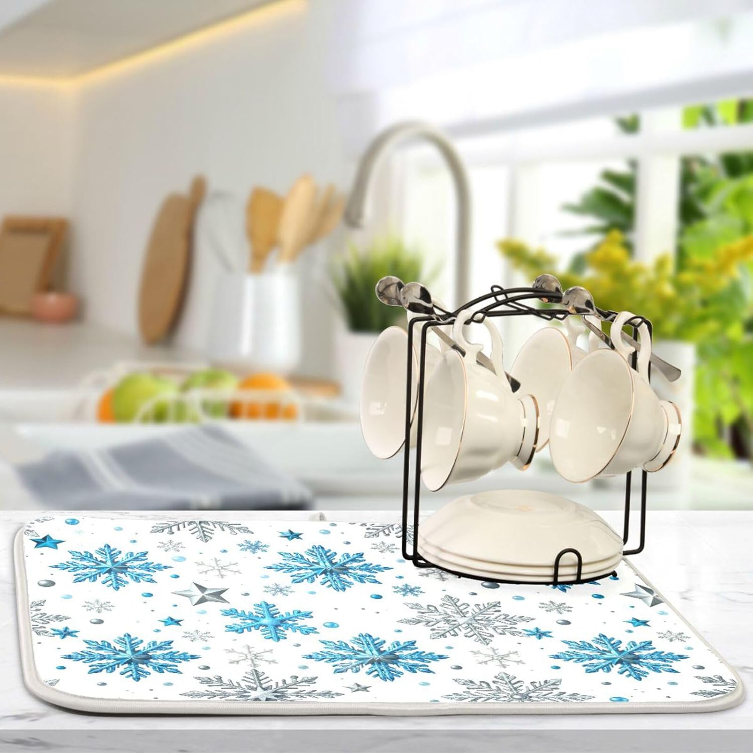 Winter Snowflakes And Stars Dish Drying Mats Merry Christmas Drying Mat With Hanging Loop Absorbent Dishes Drainer Pad Kitchen Counter Mat 18X24 In