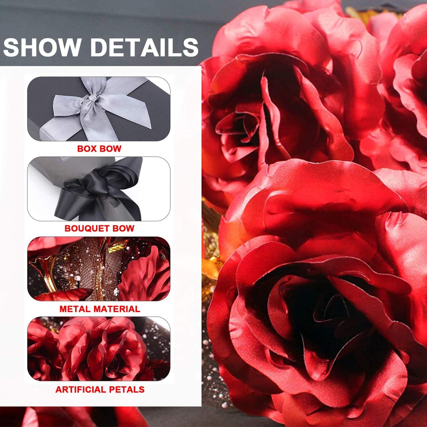 9Pcs Gold Rose Flower Bouquet, Gold Foil Artificial Rose Bouquet With Gift Box, Romantic Present For Her On Valentines Day, Mothers Day, Anniversary, Birthday, Christmas, Decoration